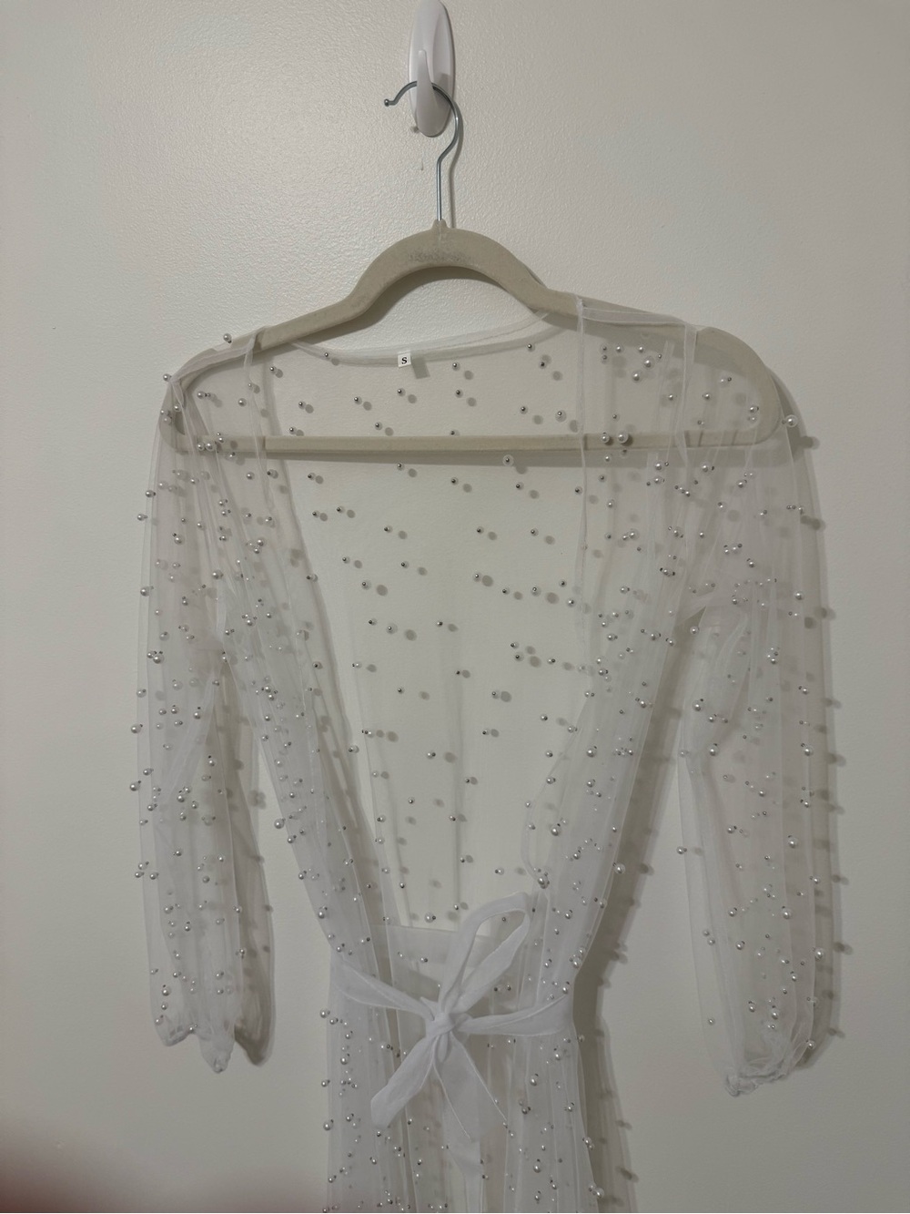 Sheer Pearl-Embellished White Robe with Satin over Robe